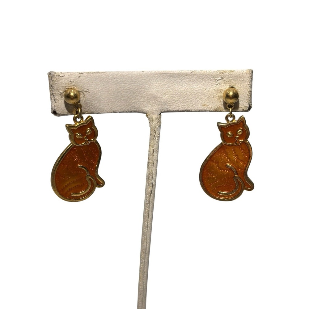 Vintage Gold Tone Orange Enamel Ginger Kitty Cat Kitten Pierced Earrings